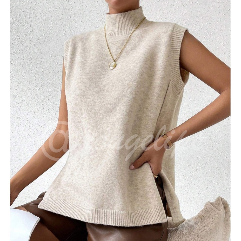 Beige High Neck Knit Vest Sleeveless Sweater Top Side Slits